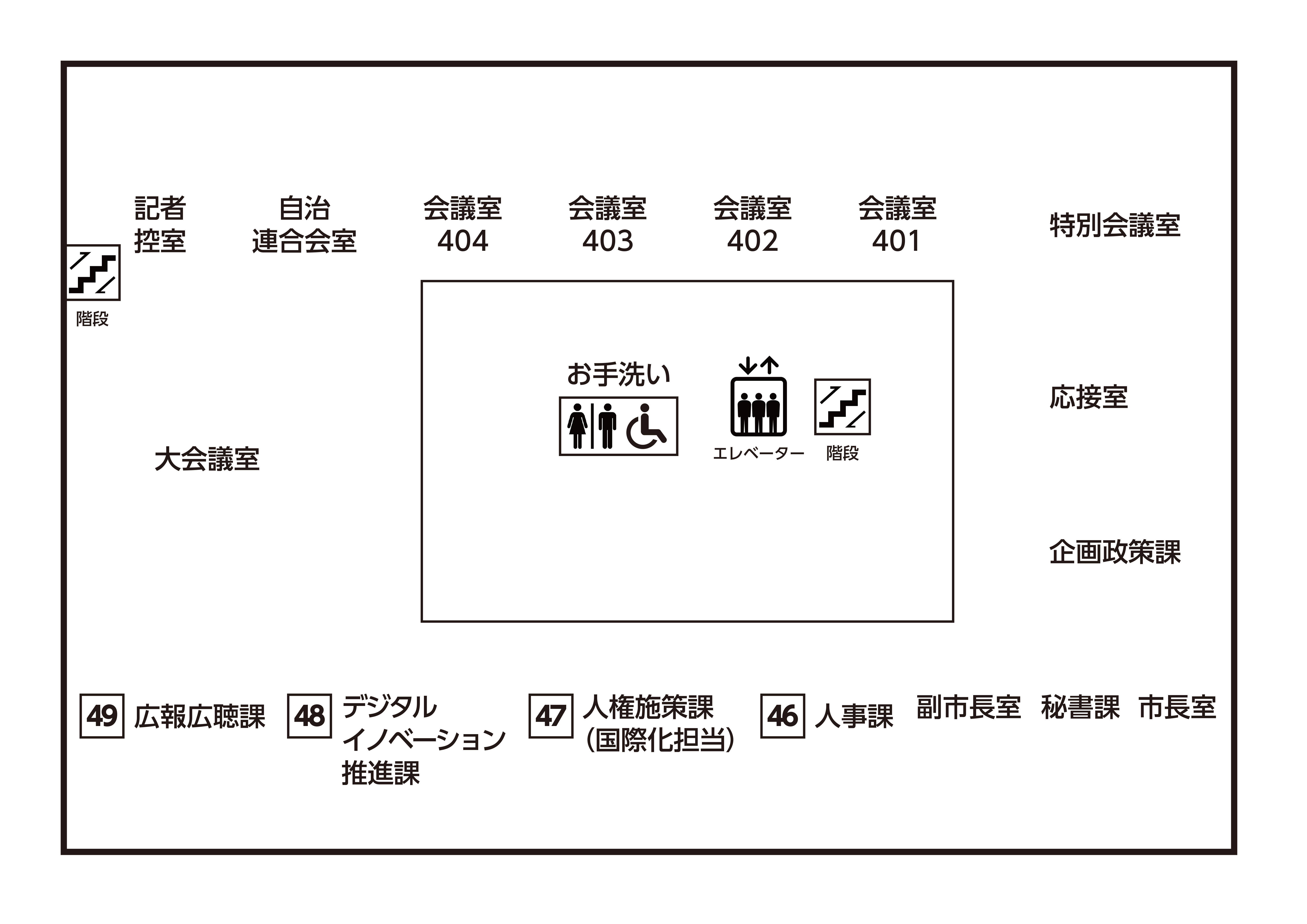 4階のフロアのご案内です。エレベーターを降りて真正面に秘書課があり、そこから右回りに副市長室、窓口番号46人事課、窓口番号47人権施策課（国際化担当）、窓口番号48デジタルイノベーション推進課、窓口番号49広報広聴課、大会議室、記者控室、自治連合会室、会議室404、会議室403、会議室402、会議室401、特別会議室、応接室、市長室があります。