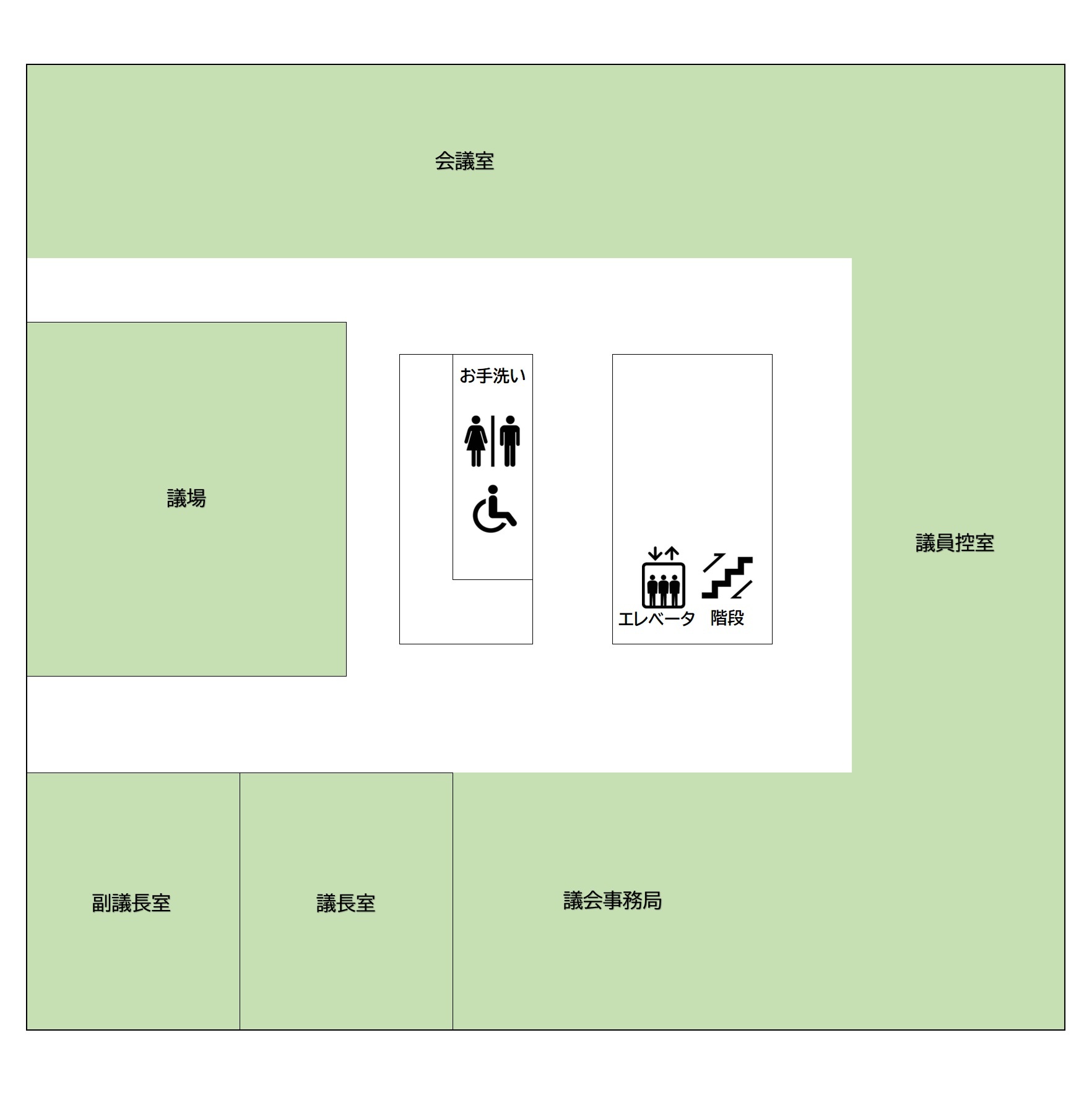 5階のフロアのご案内です。エレベーターを降りて真正面に議会事務局があり、そこから右回りに議長室、副議長室、議場、会議室、議員控室があります。