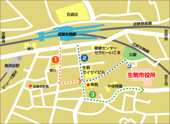駅から生駒市役所までの地図