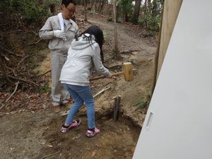 女性が杭を打ち込んでいる様子