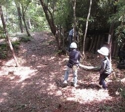 小学生が2人でシイタケのほだ木を運んでいる写真