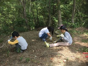 3人の子どもがタケノコを掘っている写真