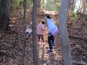 上から垂らされたロープで斜面を上って遊んでいる