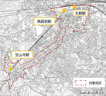 生駒駅南口参道周辺地区の地図