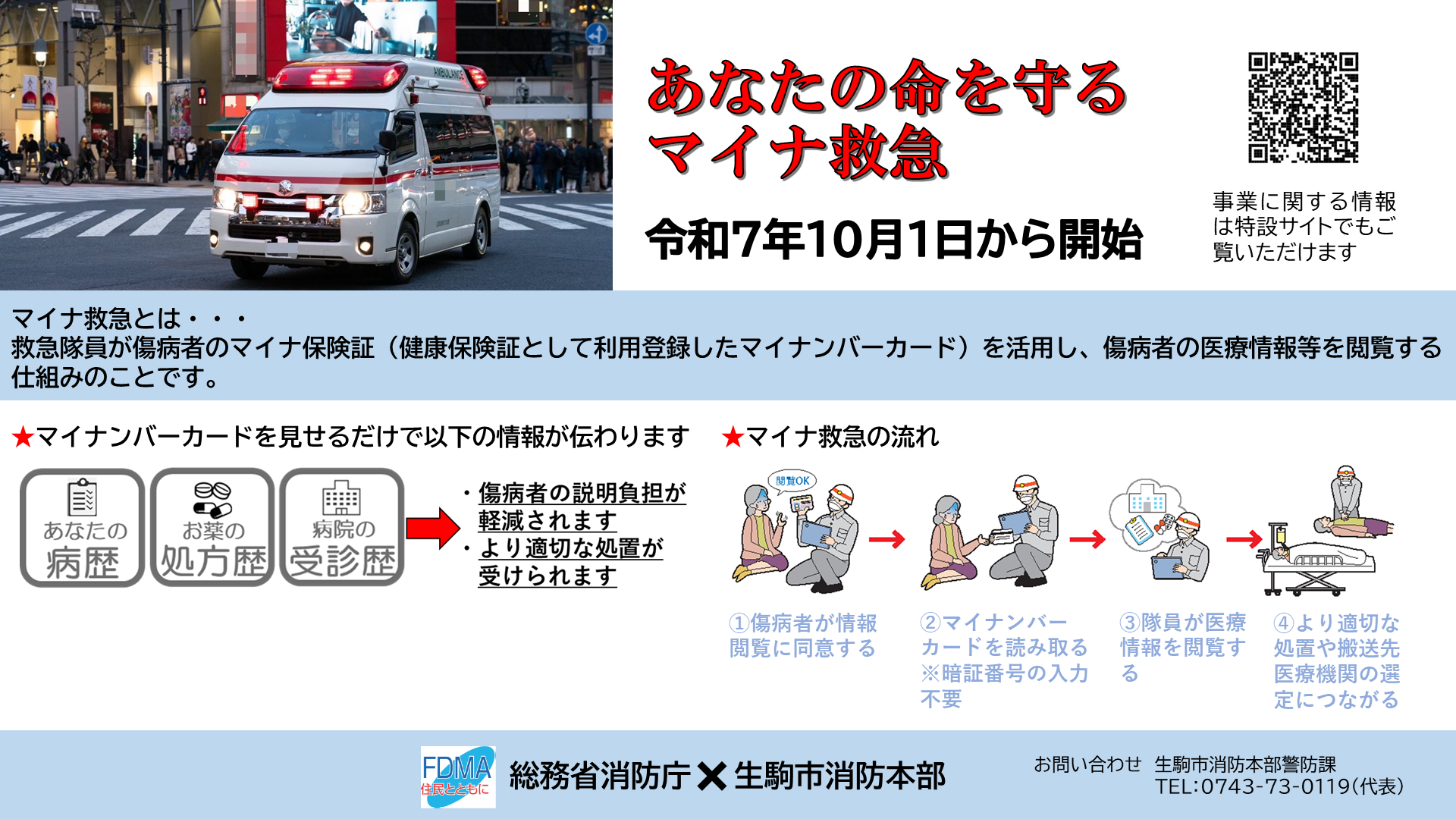 10月1日から救急隊員が傷病者のマイナ保険証から医療情報を閲覧し、円滑な搬送先医療機関の選定や、より適切な処置を行うことができるようになりました。