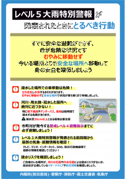 「レベル5大雨特別警報が発表されたときにとるべき行動」に関するチラシです