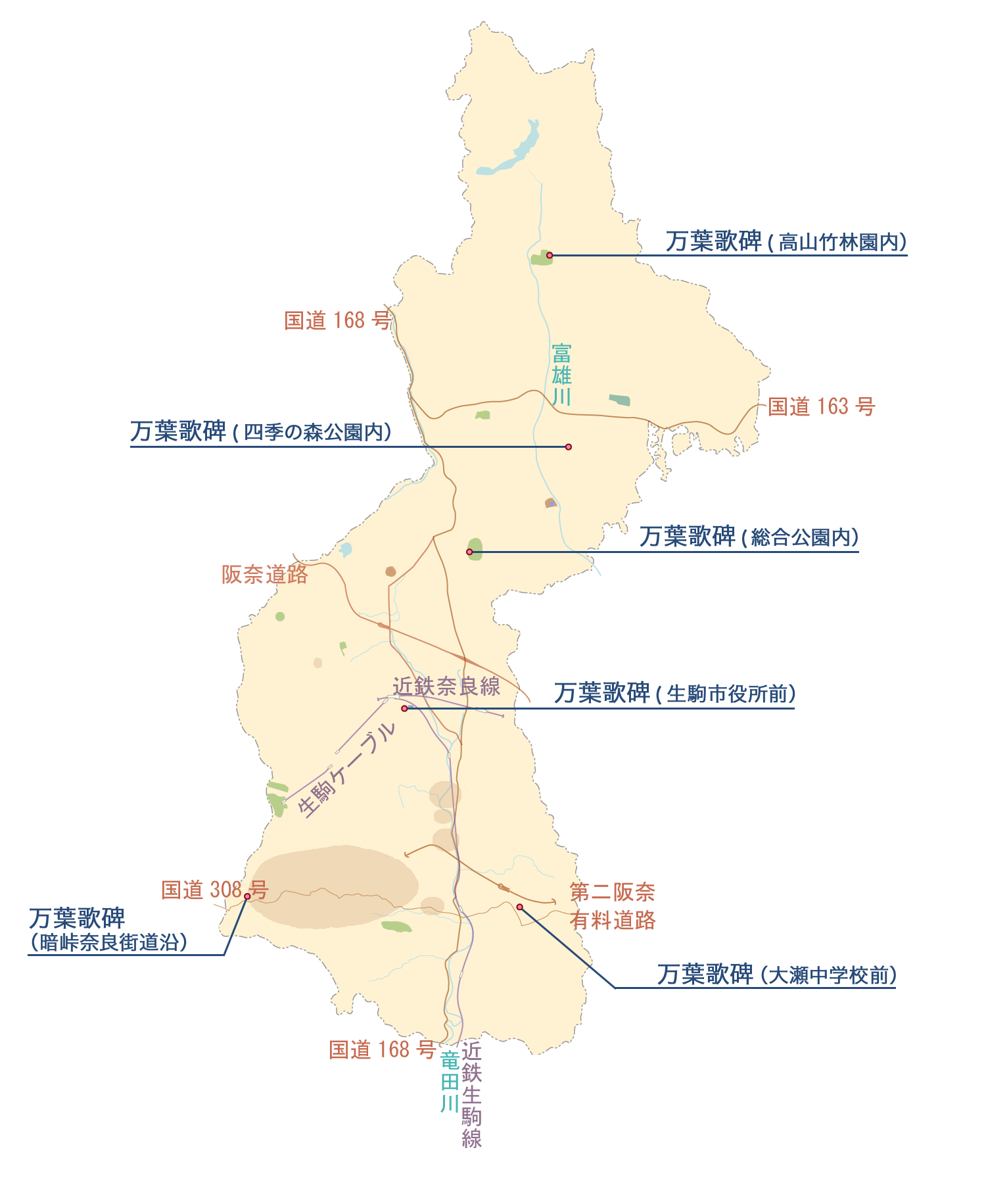 万葉歌碑の文化財の地図