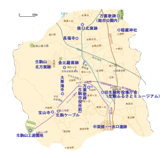 生駒市中部の地図